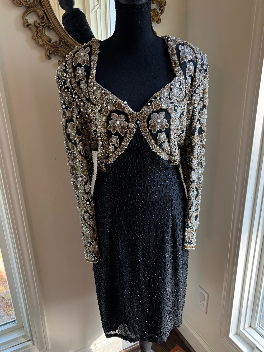 Vintage 80s Liza Carr 100% Silk Beaded Long Sleeve Cocktail Dress
